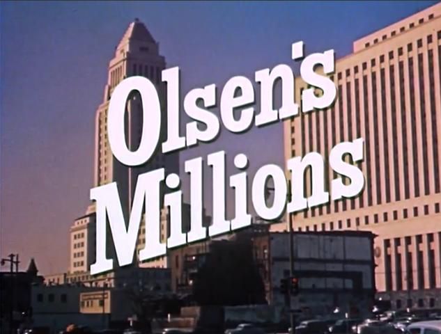 Title card for the adventures of Superman episode Olsen’s Millions. The city of Metropolis in the background