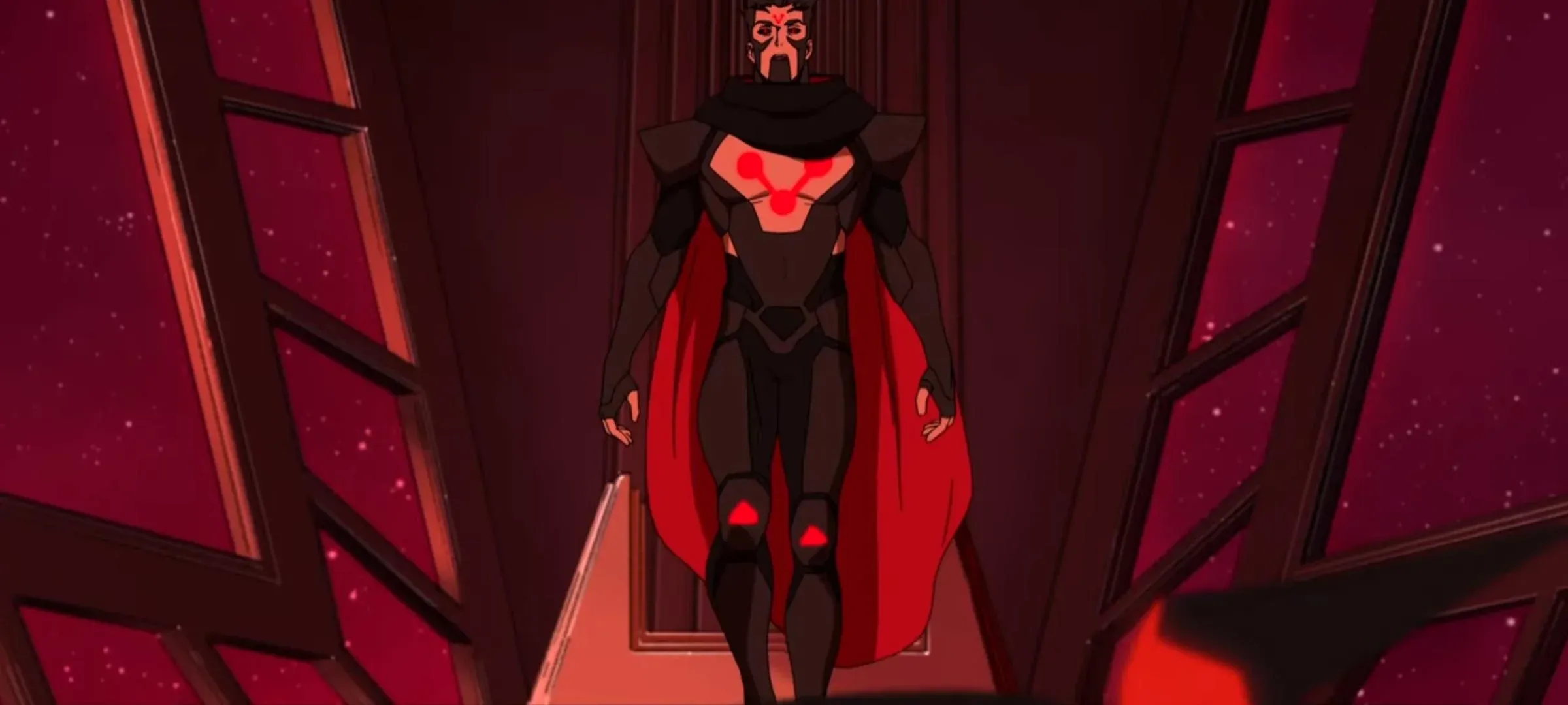 Superman controlled by Brainiac in a new costume from the cartoon My Adventures with Superman. He is in a mostly black costume with his chest exposed. The three connected dots in a V formation to symbolize Brainiac.
