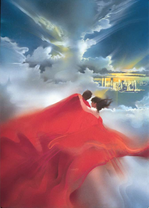 Bob Peak painting of Superman flying with Lois. The view is from behind Superman so we see his cape flowing and they are flying into clouds with Metropolis in the distance.