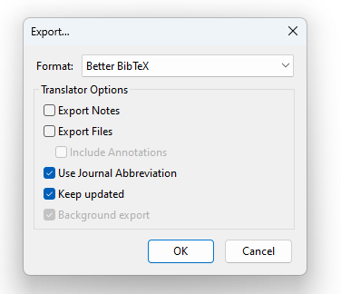 A screenshot of the Better BibText Add-on Export option in Zotero