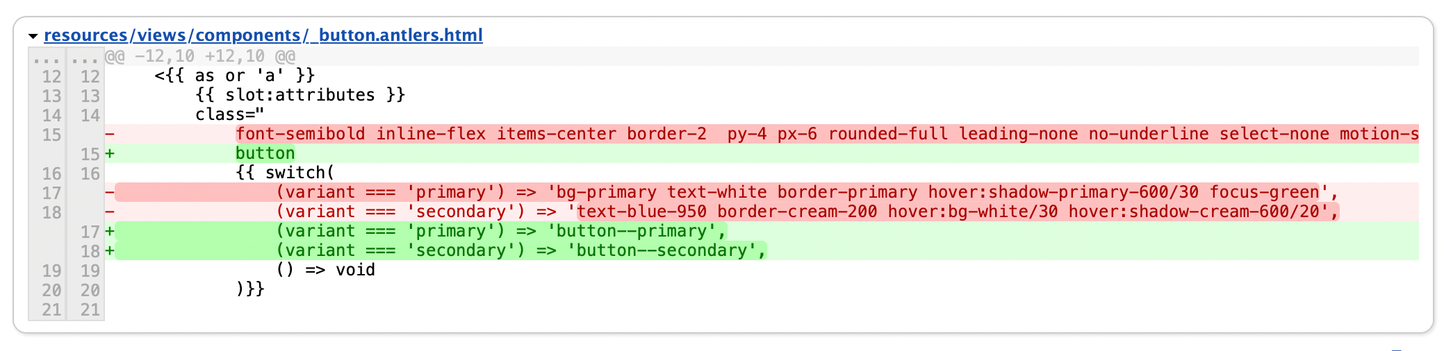 Git diff showing how utility classes were replaced with (content-derived) semantic class name