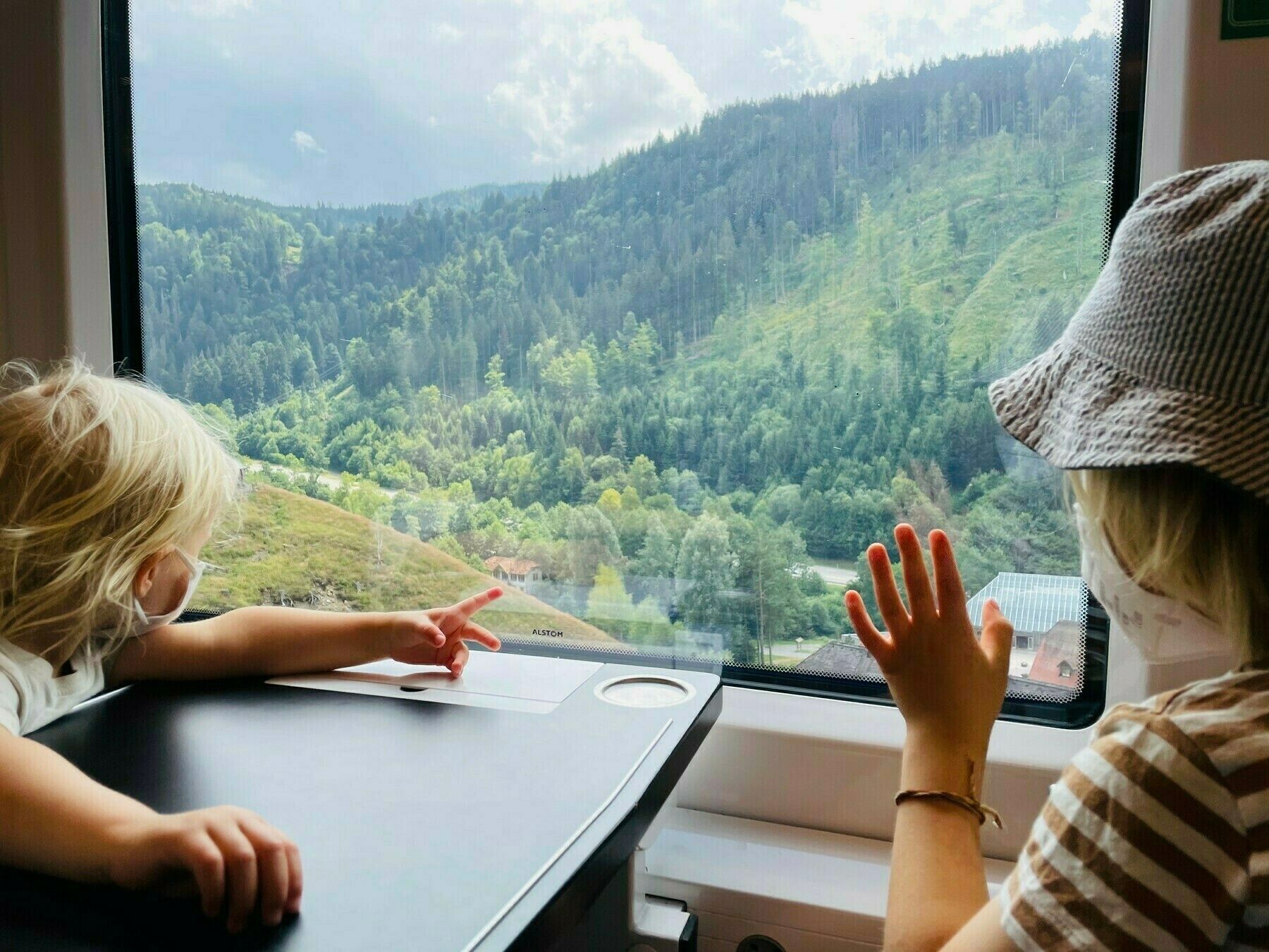 Two children looking out of a train’s window into the Black Forest