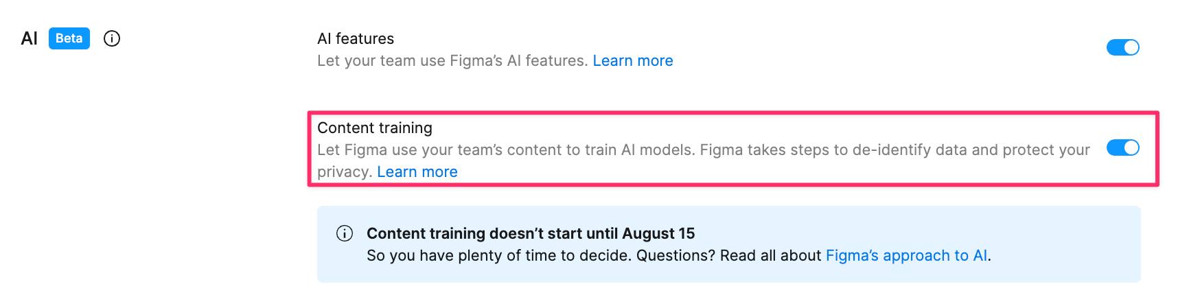 Screenshot of Figmr settings with an opt-in to using customer data for AI training being checked by default