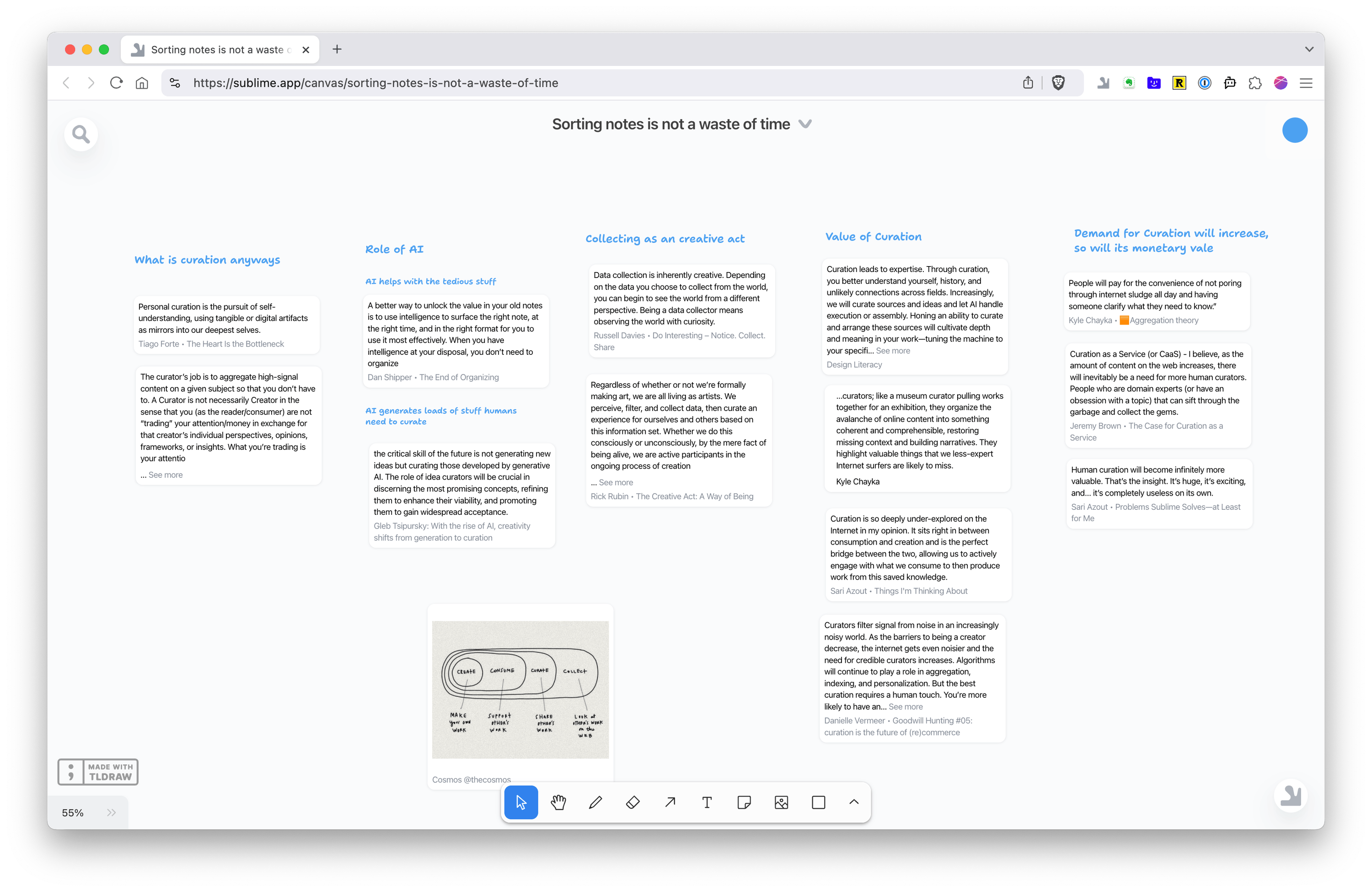 Sublime Canvas showing varyous cards about collecting and curating information