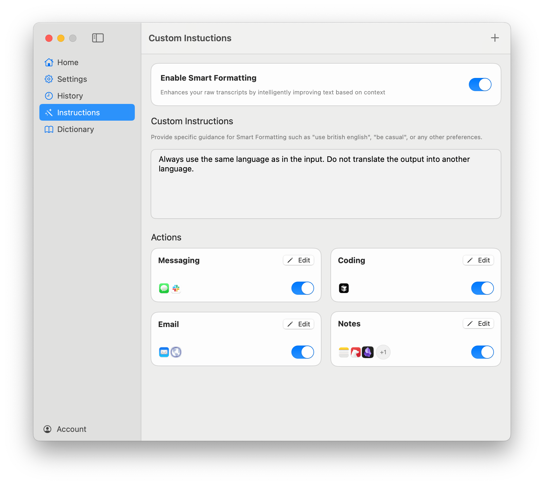 Monologue context-aware actions showing custom prompts for different apps