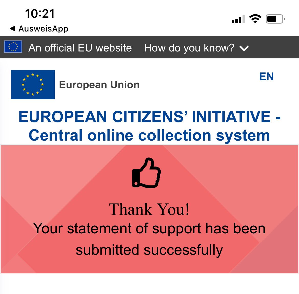 Screenshot of a red success message banner after identifying with an eID on an European Citizens‘ Initiative