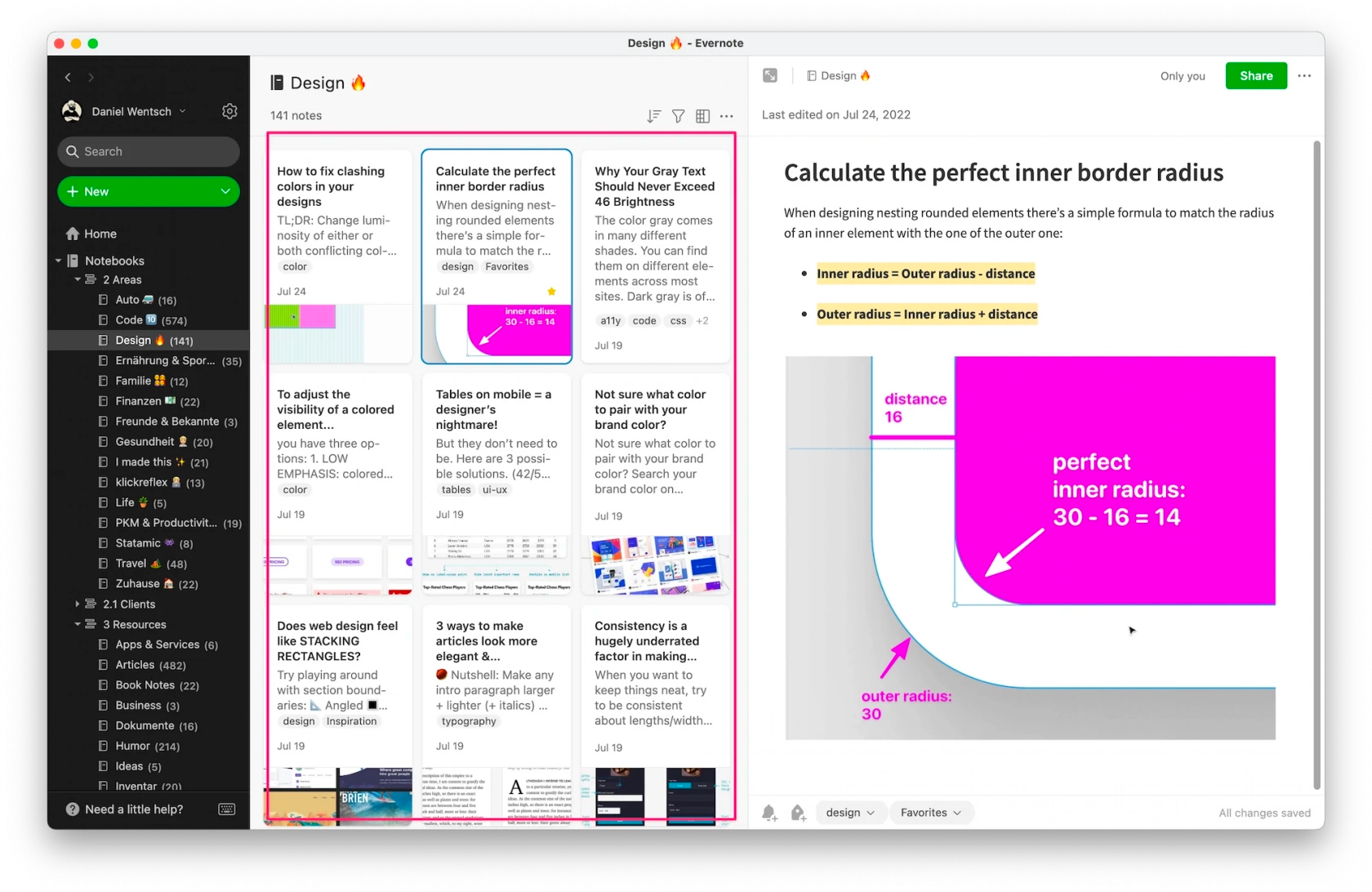 Screenshot of the Evernote Mac App, showing an excerpt of my “Design” notebook in the “cards” layout.