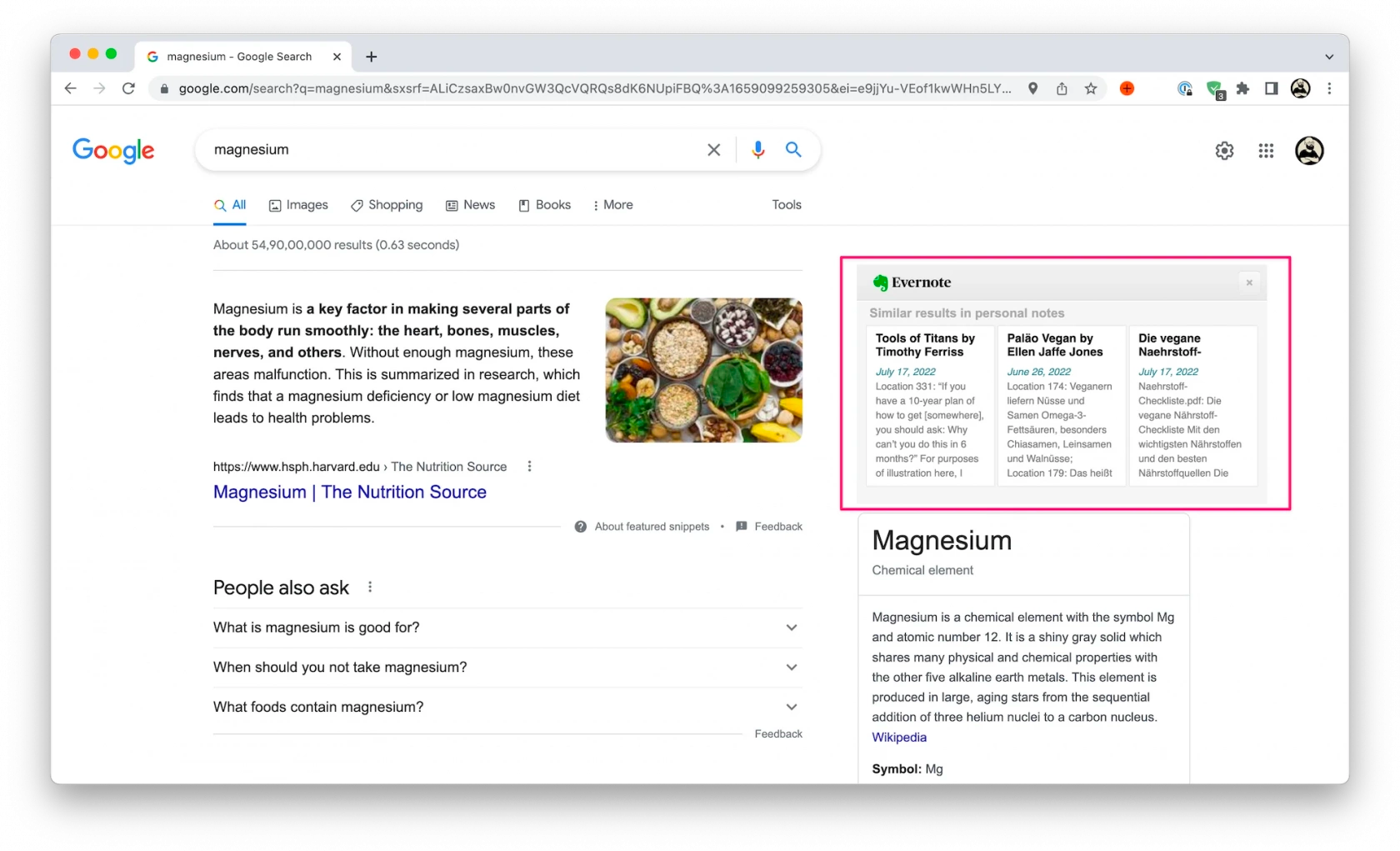 Screenshot of a Google search for “Magnesium”, with the Evernote extension showing results for the same query that it found in my personal notes