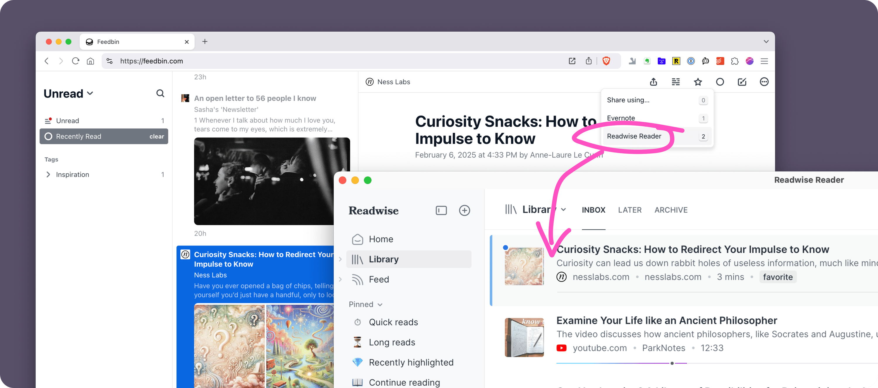 Screenshots showing the same article in Feedbin and Readwise