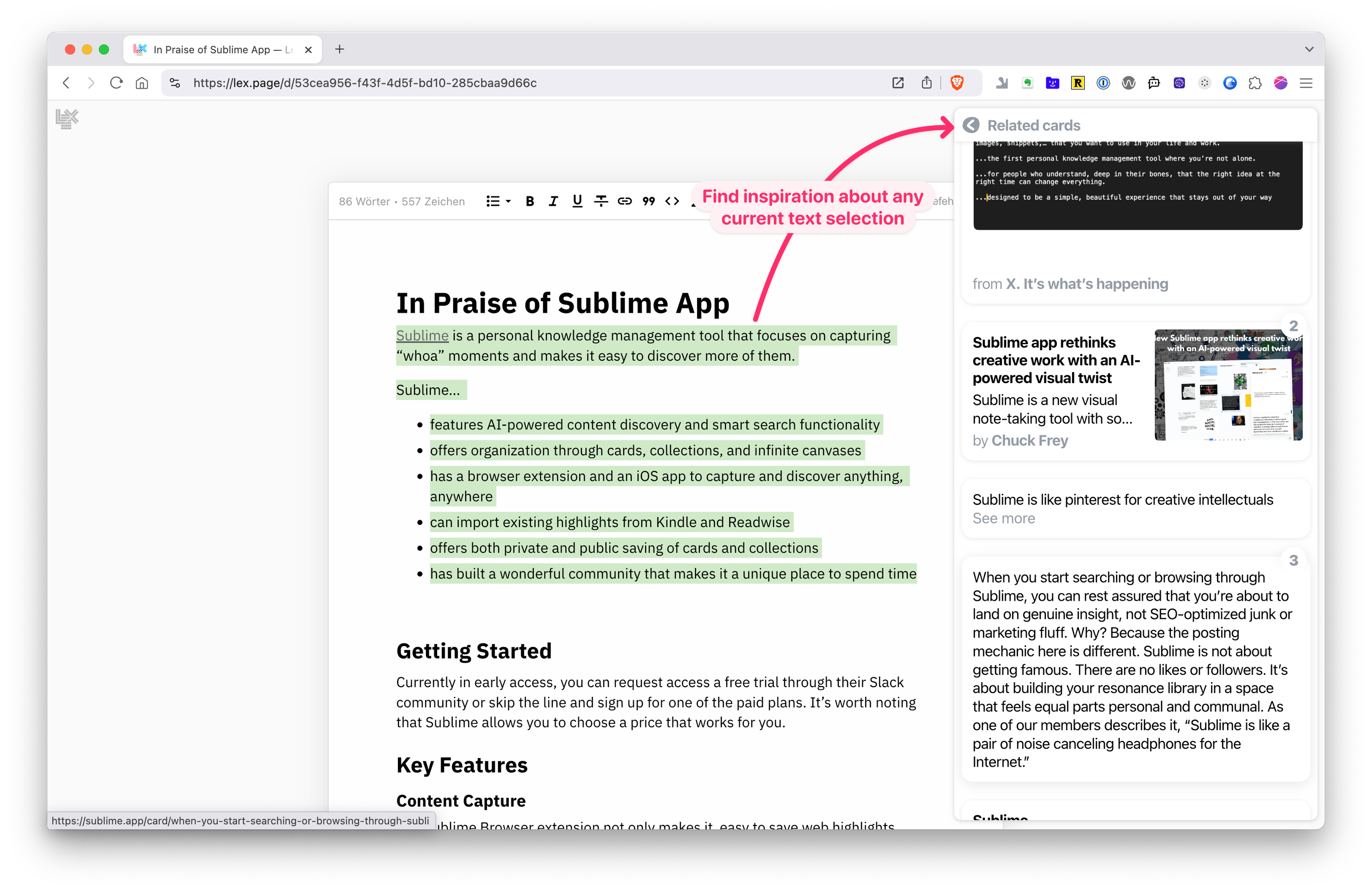Sublime browser extension showing related cards