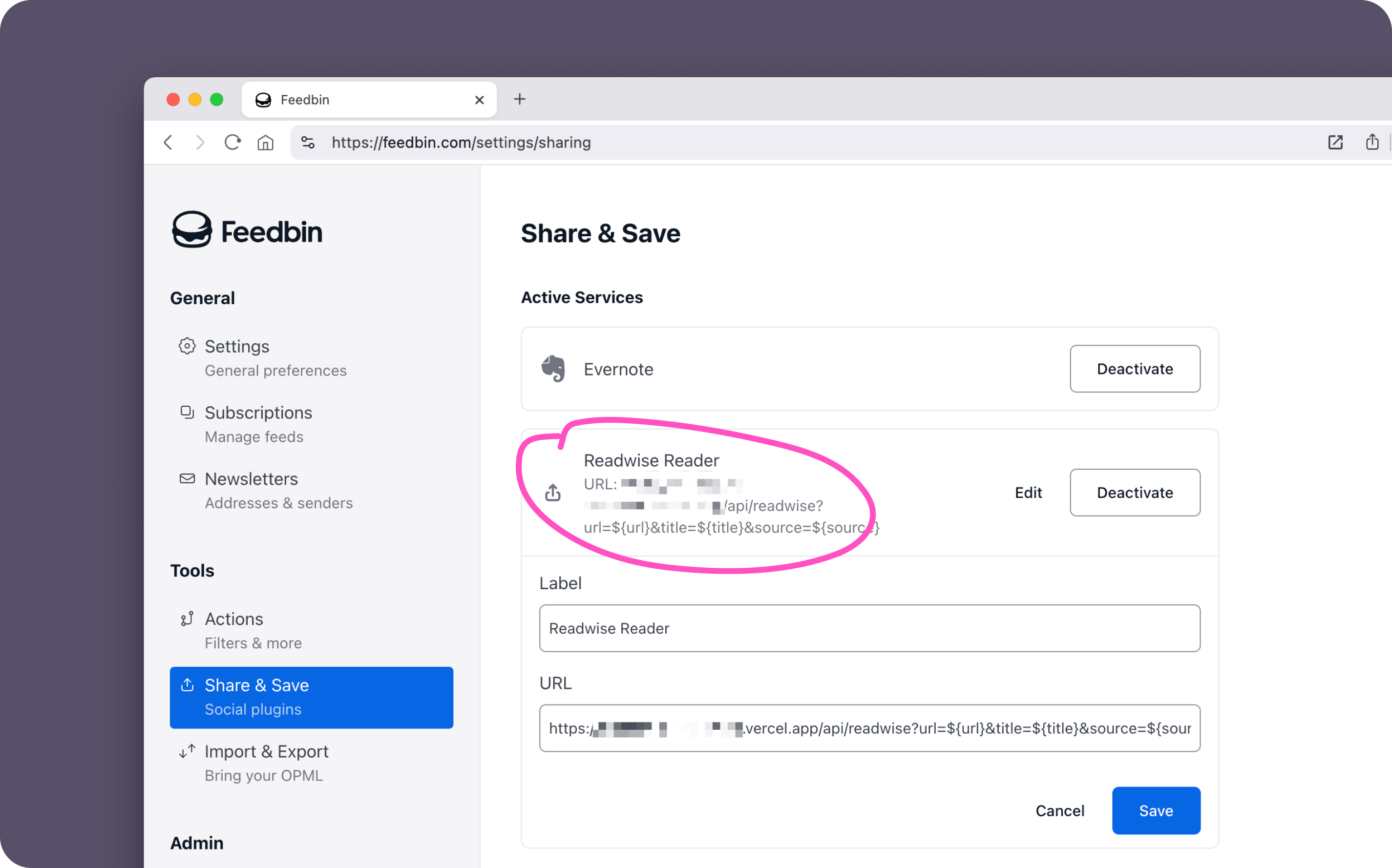 Custom share action in Feedbin