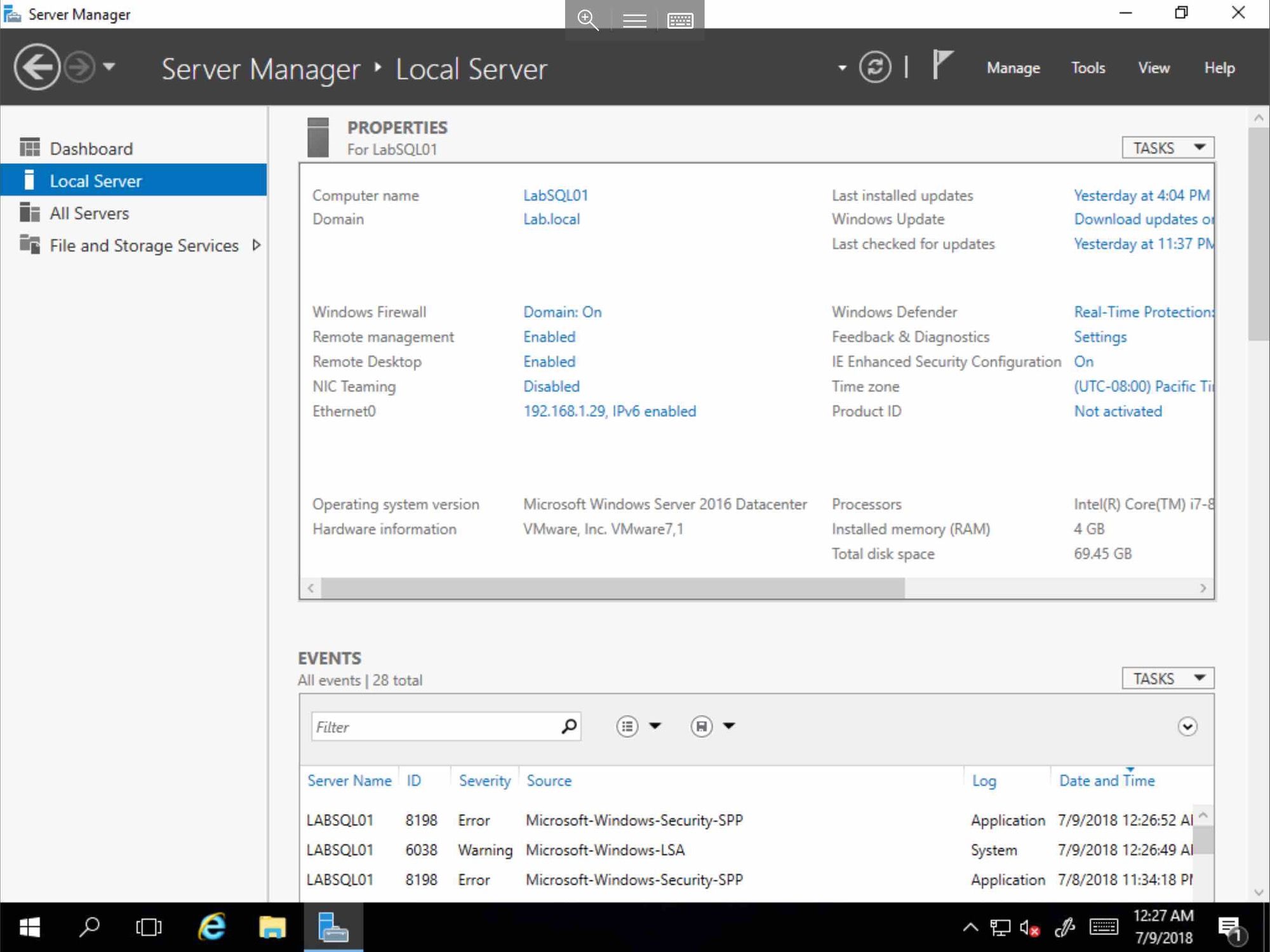 Screenshot of Server Manager Console
