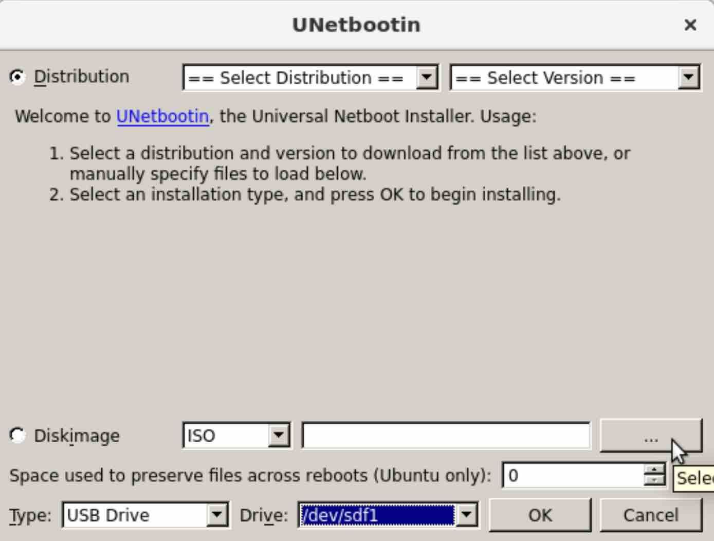 Screenshot of unetbootin main screen