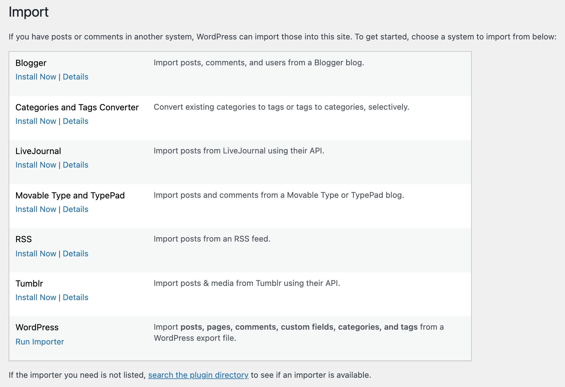 WordPress import screen