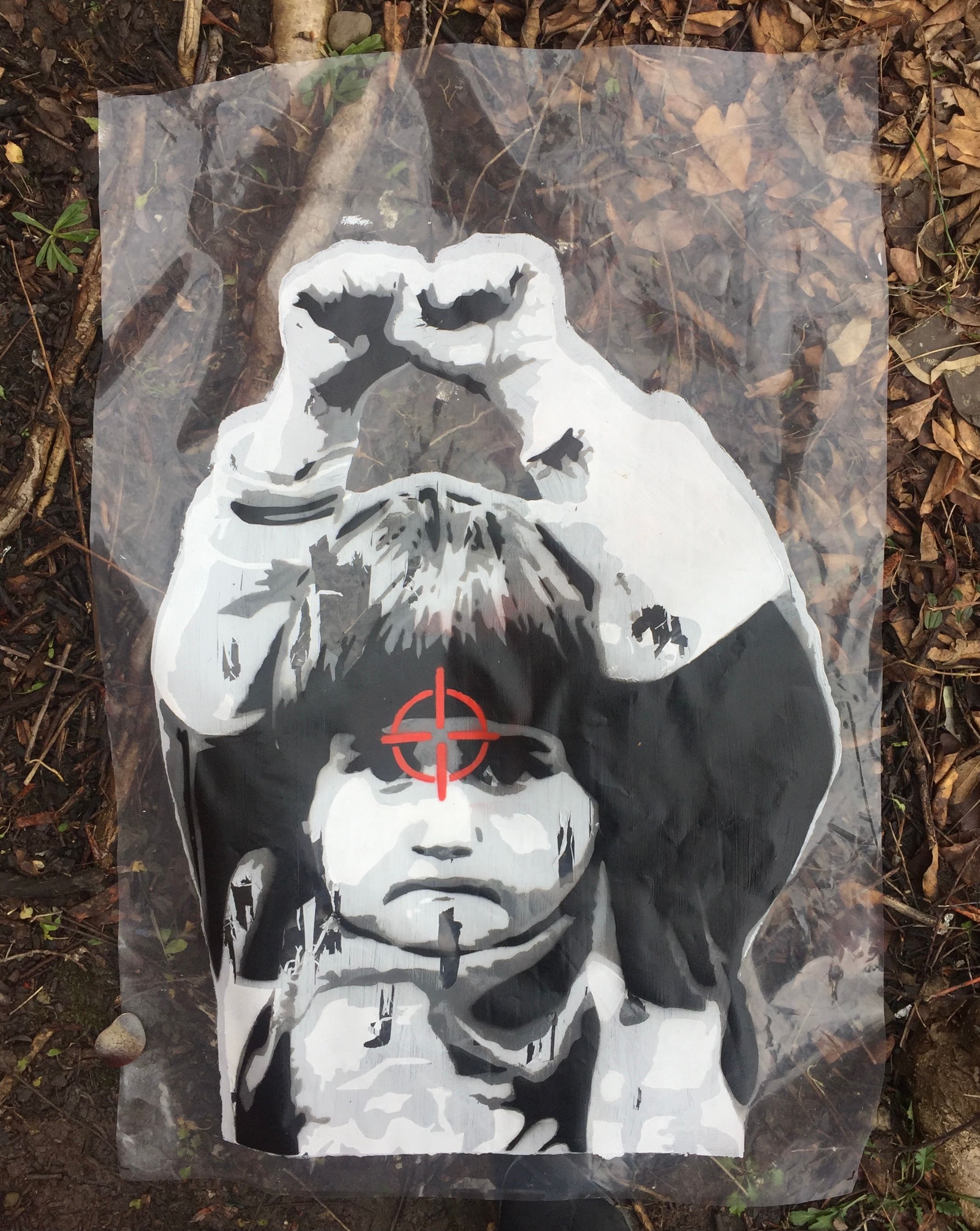 War on children, tribute to this Syrian girl https://imgur.com/gallery/6HBND. Spray paint on plastic.