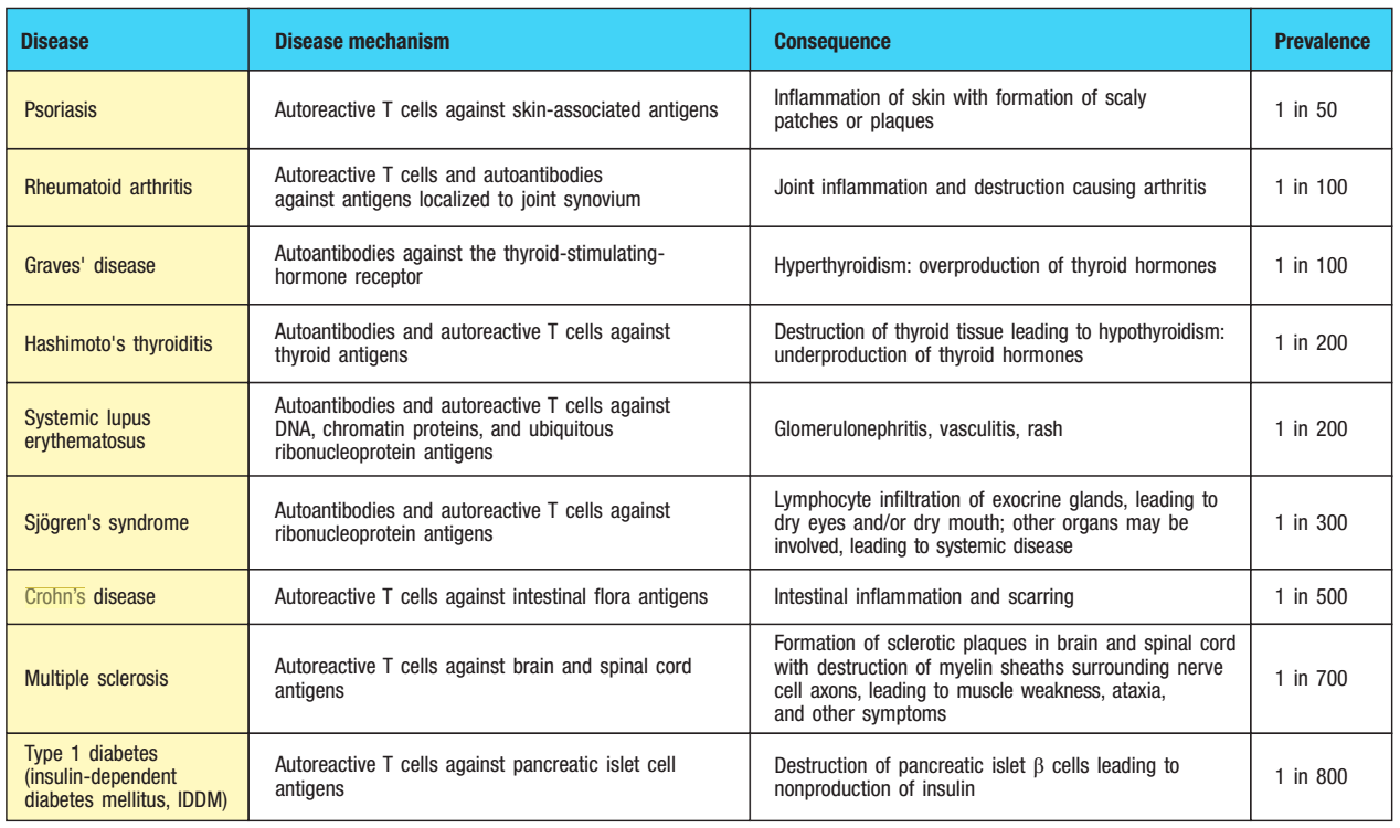 Some common autoimmune diseases listed in order of prevalence (source: Janeway’s Immunobiology)