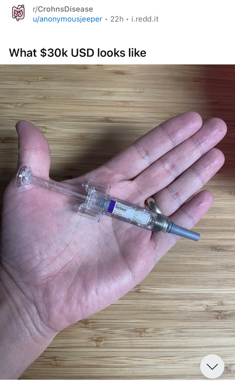 A Reddit user with Crohn’s Disease holding a Stelara pen, which cost them $30,000
