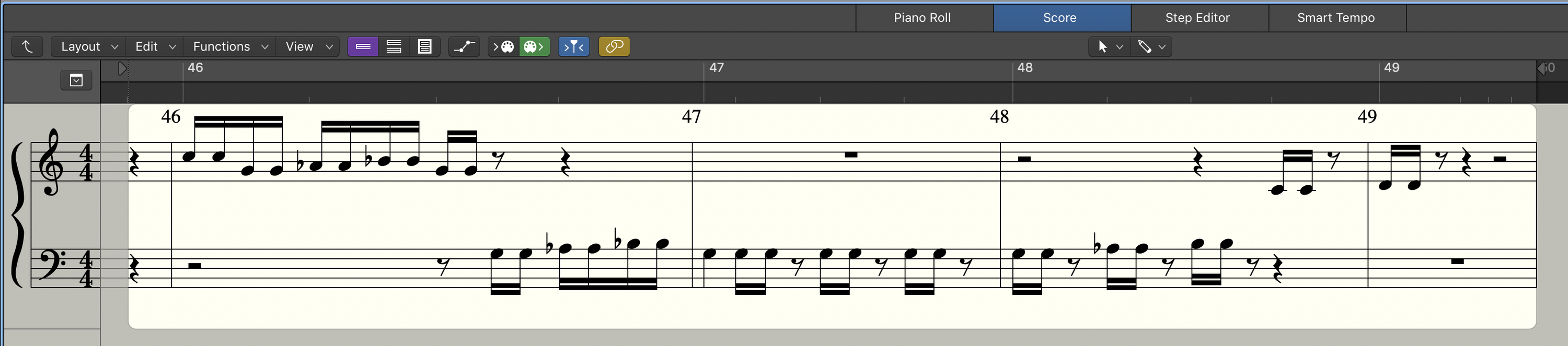 You can also choose to view a MIDI region as traditional musical notation, like this.