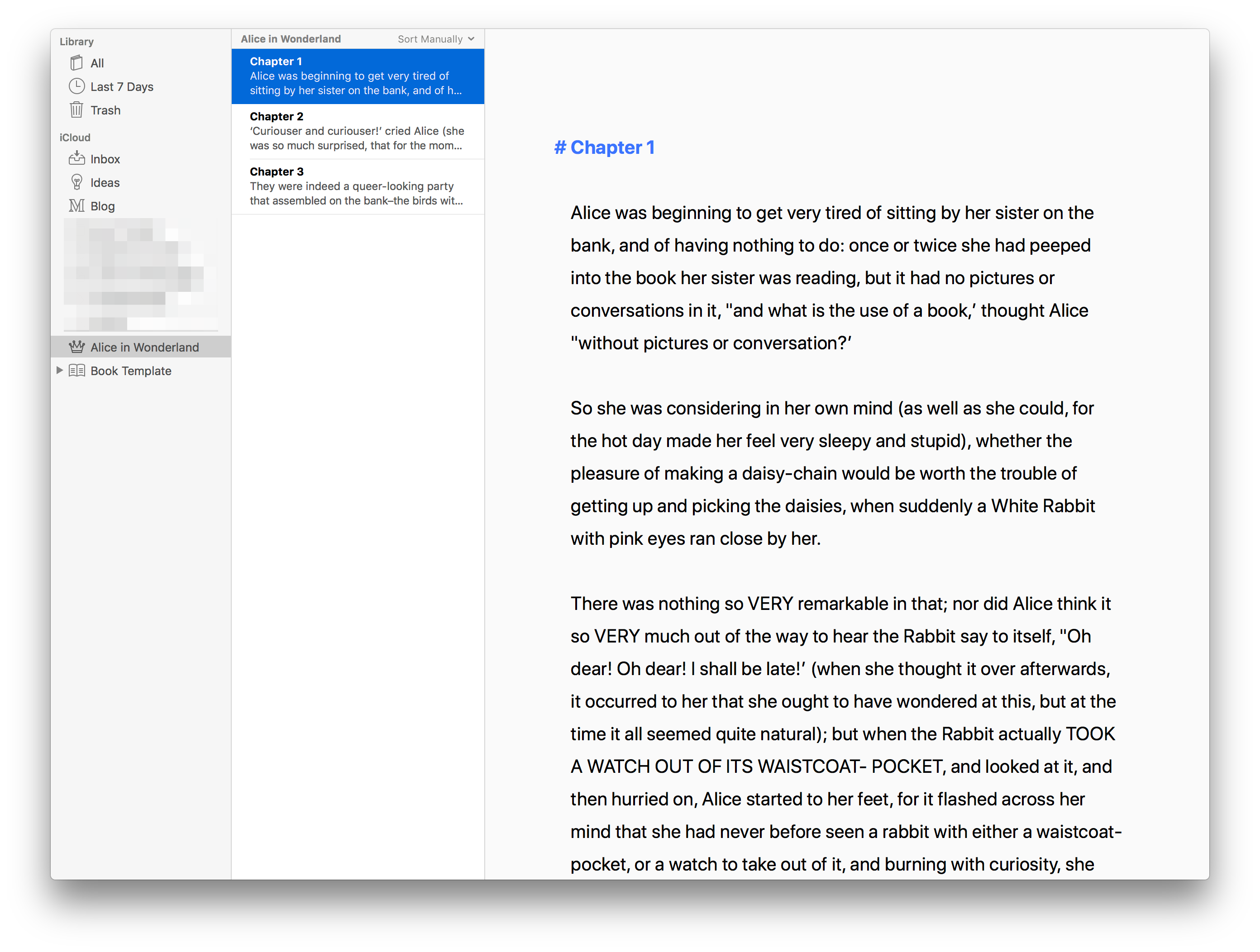 Ulysses can optionally focus in on a single Group, but by default you can see everything.