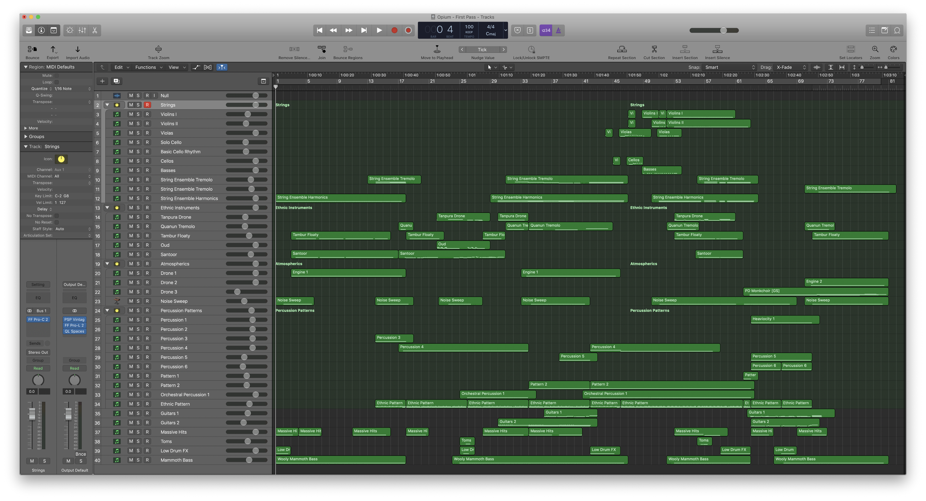 A birds-eye view of the Logic Pro X project for Lethal Beauty.