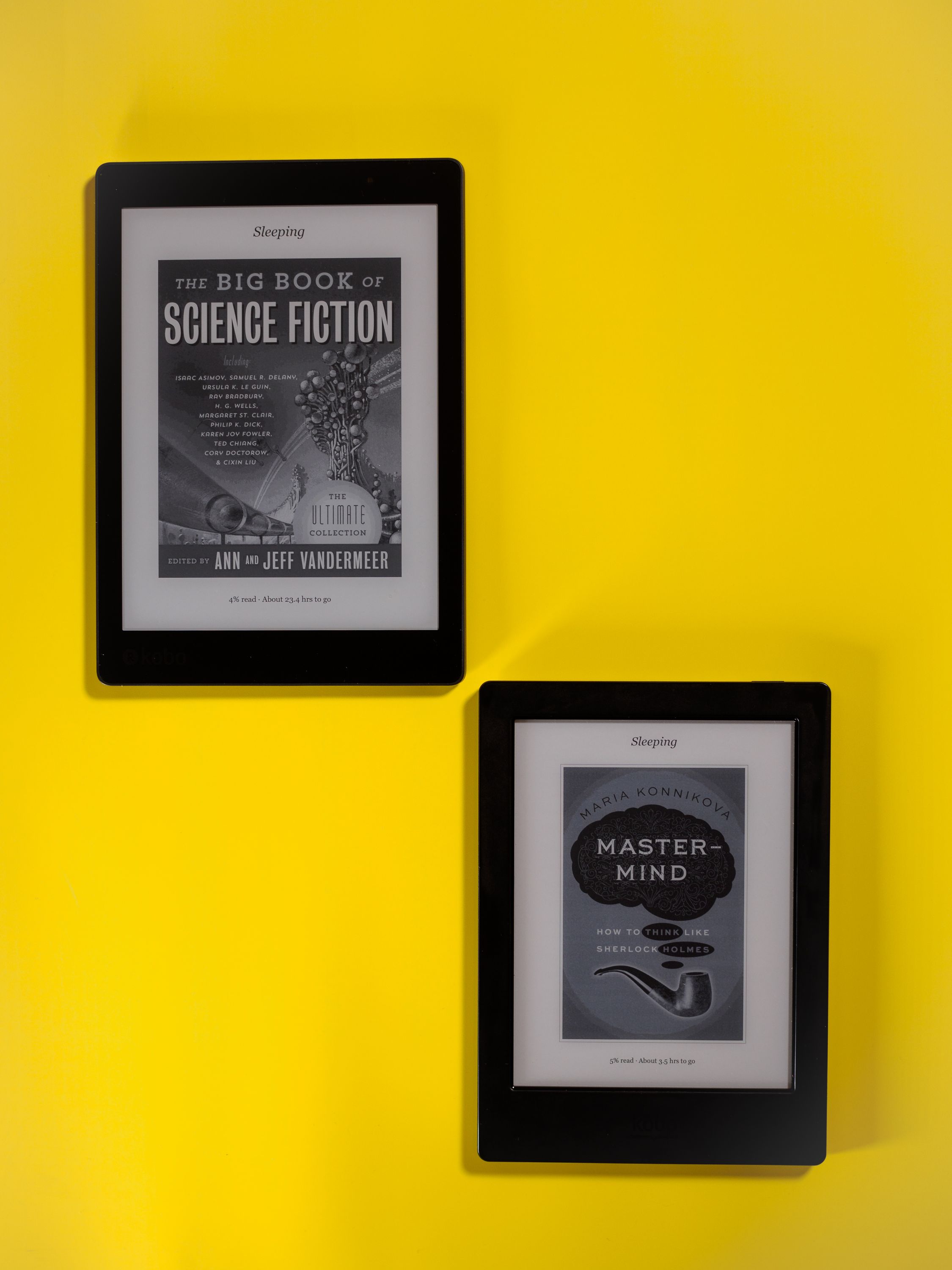 The Kobo Aura One (top left) features a larger screen, but thinner bezels and less weight than its predecessor, the H2O (bottom right).