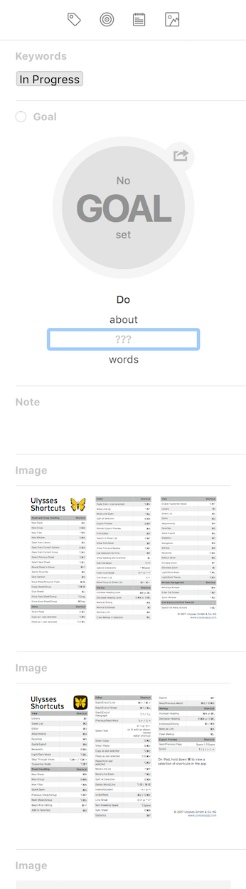 Ulysses’ sidebar can include sections for Keywords, Notes, Goals, and Attachments.