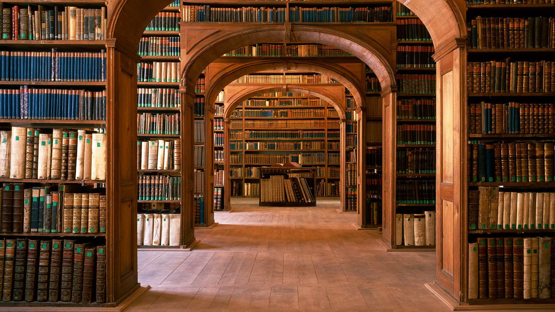 Library with Arches and Leatherbound Books