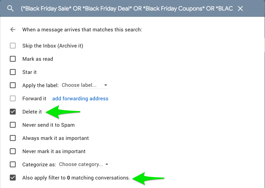 Gmail Black Friday Filter Actions screenshot