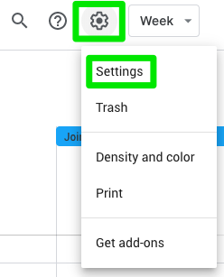 Google Calendar Gear Icon and Settings screenshot