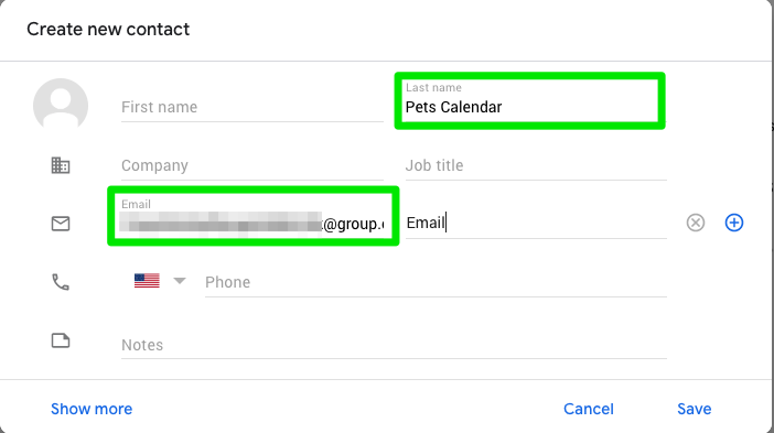 Google Contacts Create New Contact screenshot