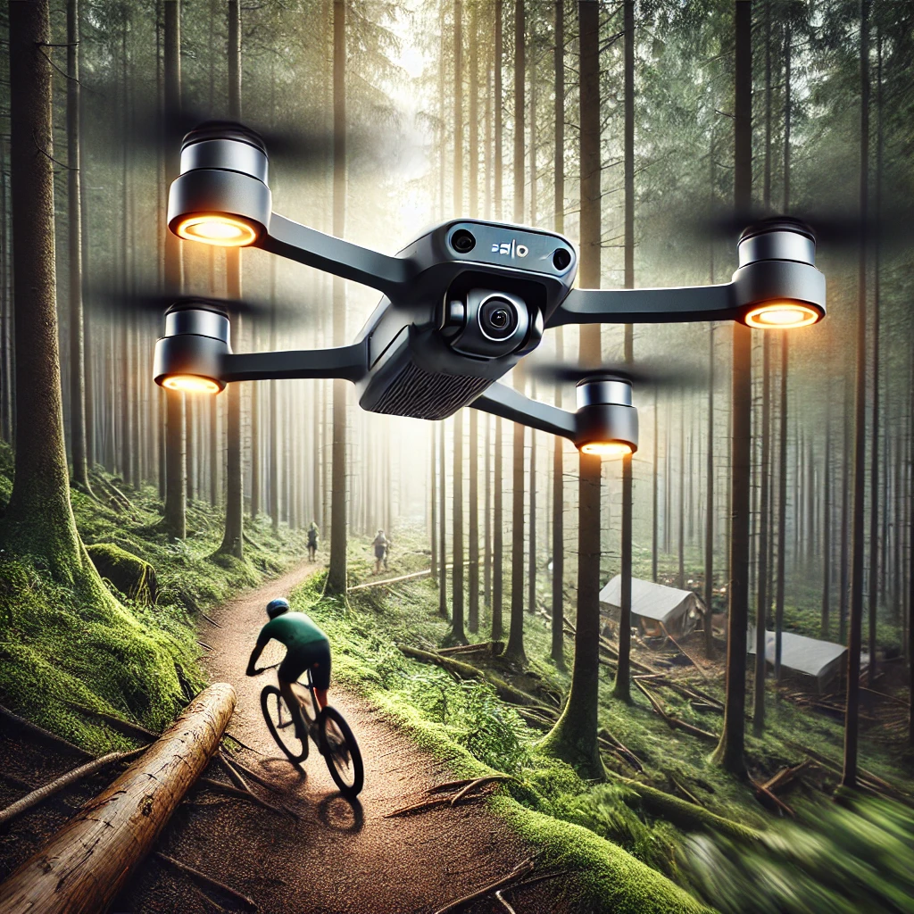 A drone flying in the air with a person riding a bike Description automatically generated