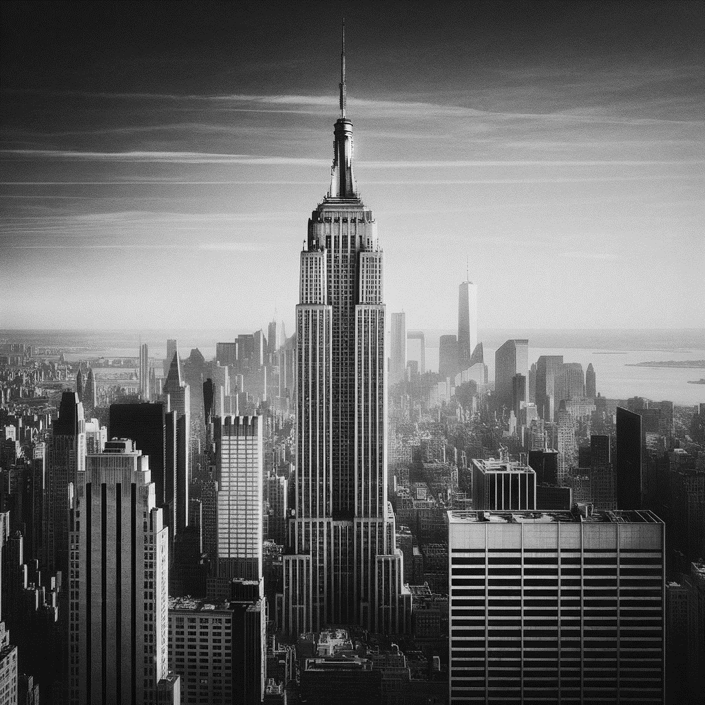Imagen en blanco y negro de una ciudad con edificios altos Descripción generada automáticamente