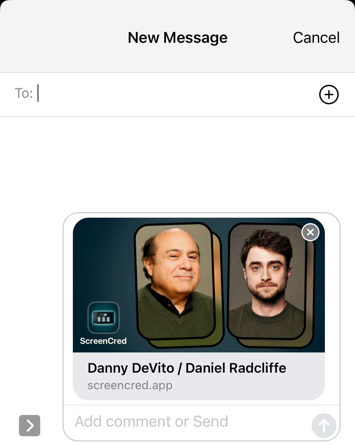 An iOS new message composition sheet with a link to ScreenCreed. The preview image shows Danny DeVito and Daniel Radcliffe.