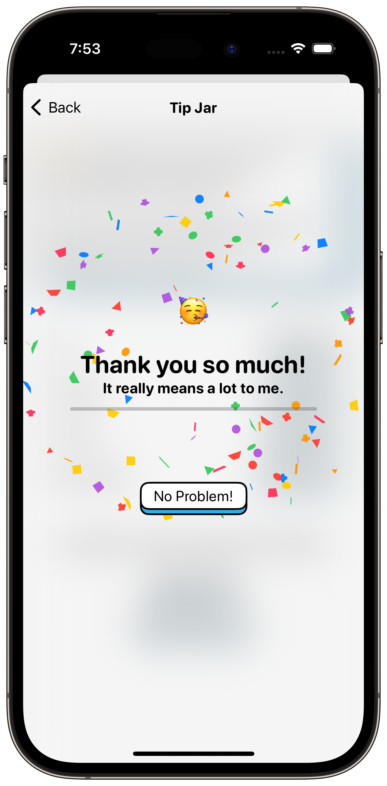 Screenshot of a thank you with confetti falling that is shown after a tip is purchased.