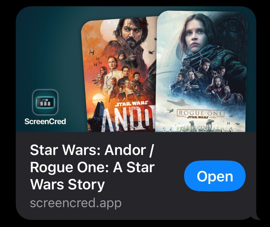 An iMessage card showing a link to the ScreenCred app, with a button to open in the app