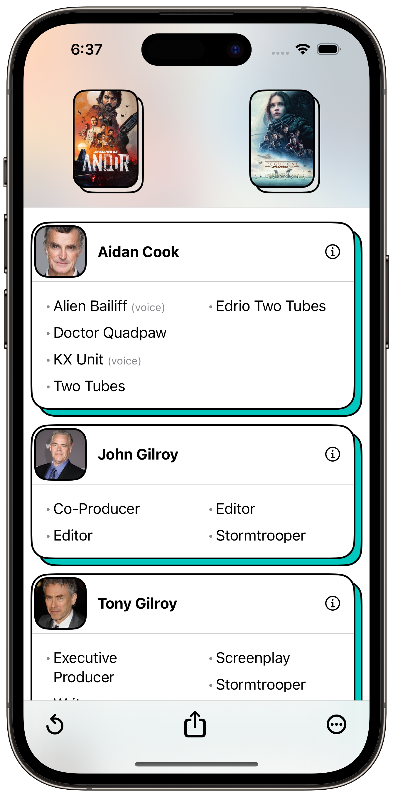 Screenshot of ScreenCred app showing the common cast and crew between the show Andor and the movie Rogue One, with rounded square profile images of the person. The image has a black border around it.