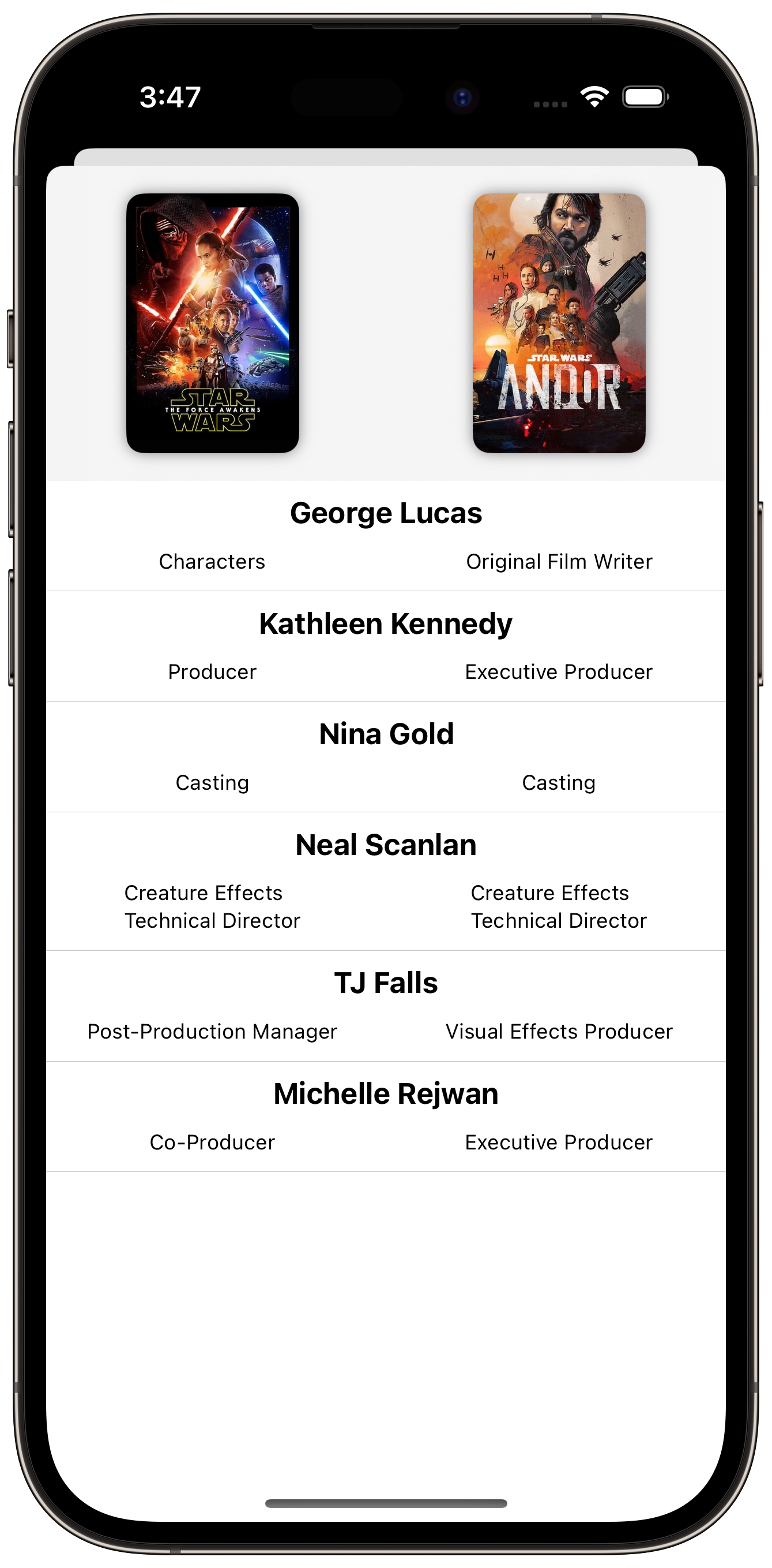 A screenshot showing a comparison of cast and crew between Star Wars: The Force Awakens and Andor