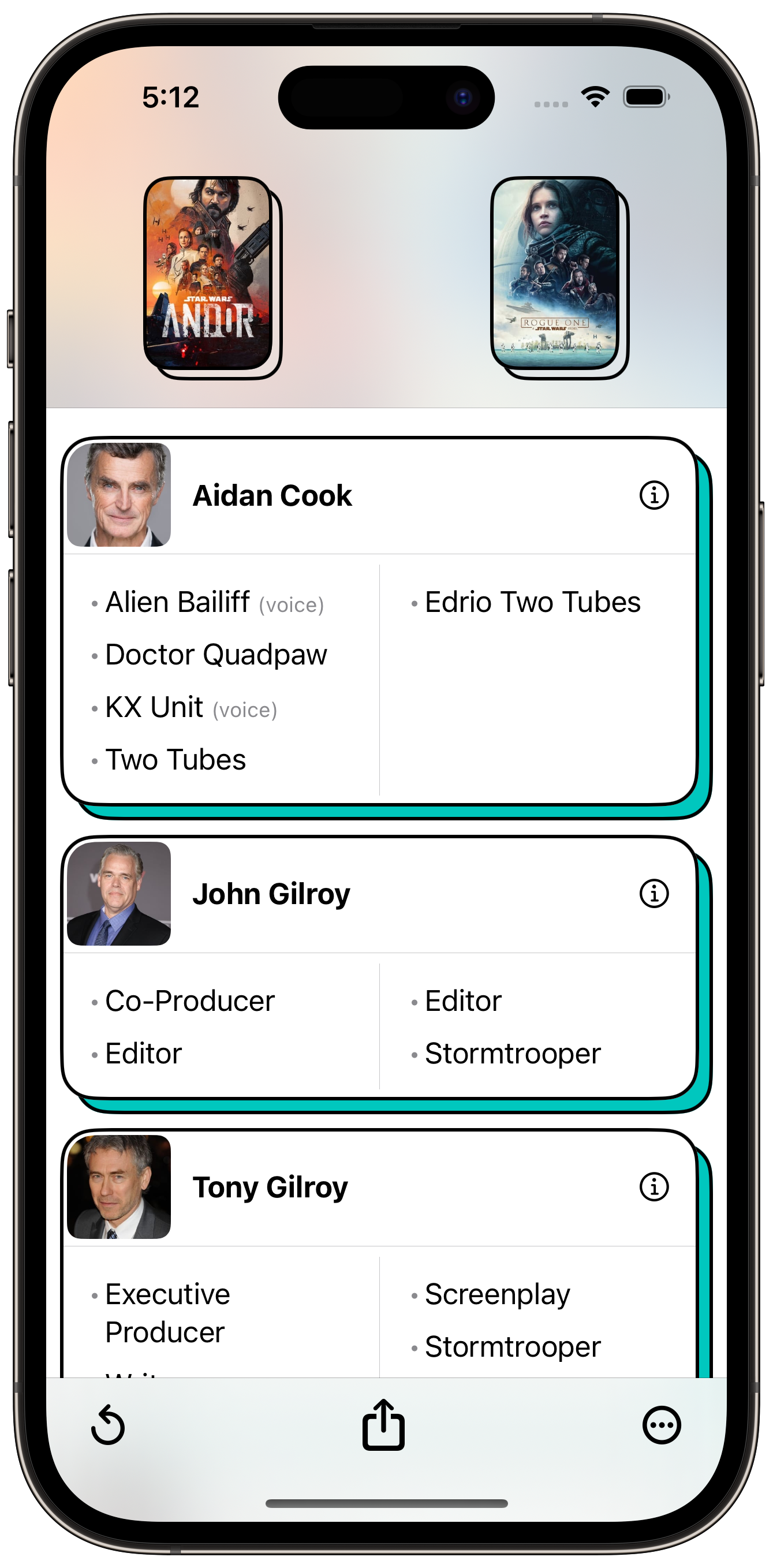 Screenshot of ScreenCred app showing the common cast and crew between the show Andor and the movie Rogue One, with rounded square profile images of the person. The outside corners of the image are rounded less than the inside corner.