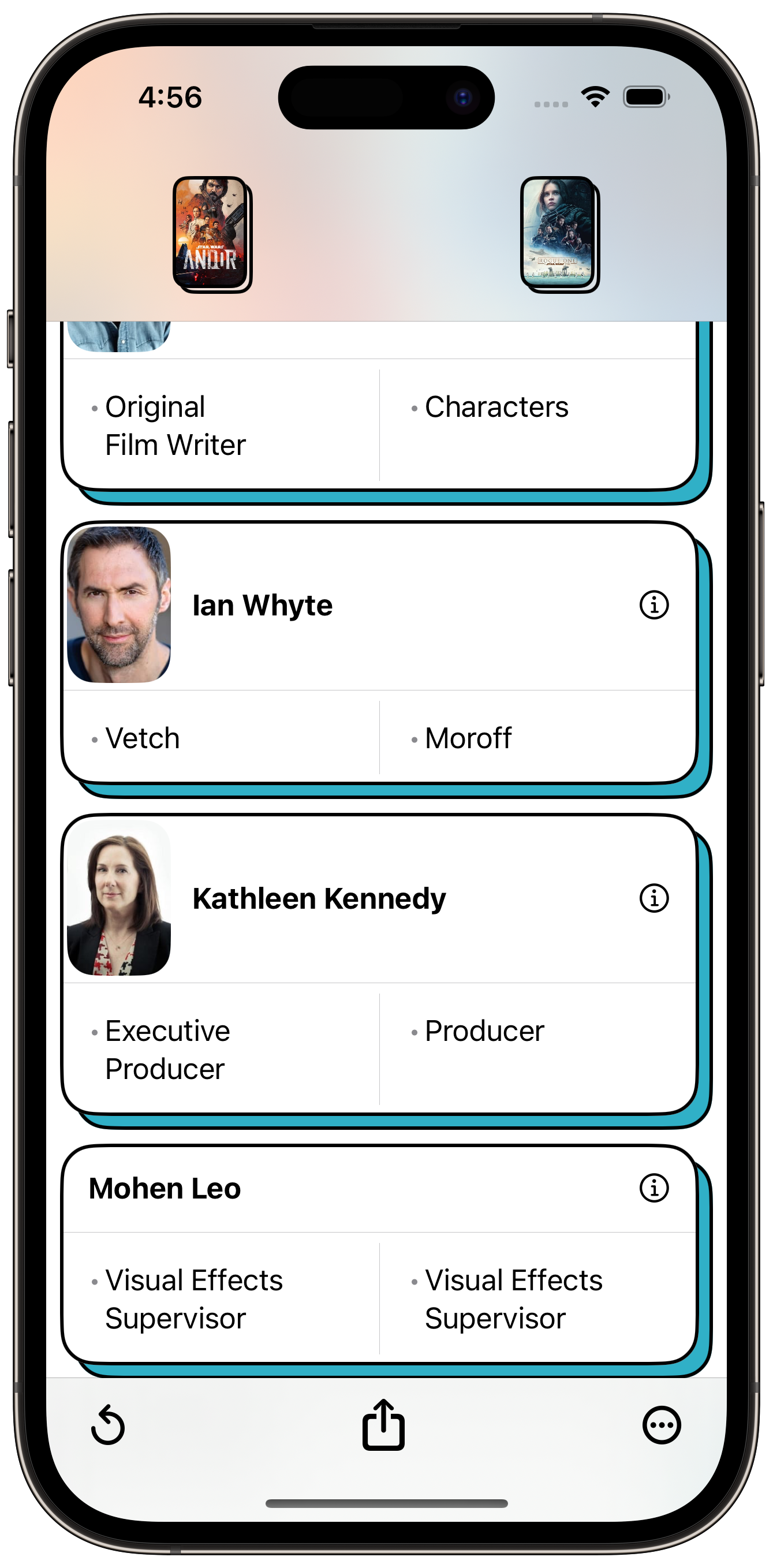 Screenshot of ScreenCred app showing the common cast and crew between the show Andor and the movie Rogue One, with rounded rectangle profile images of the person.