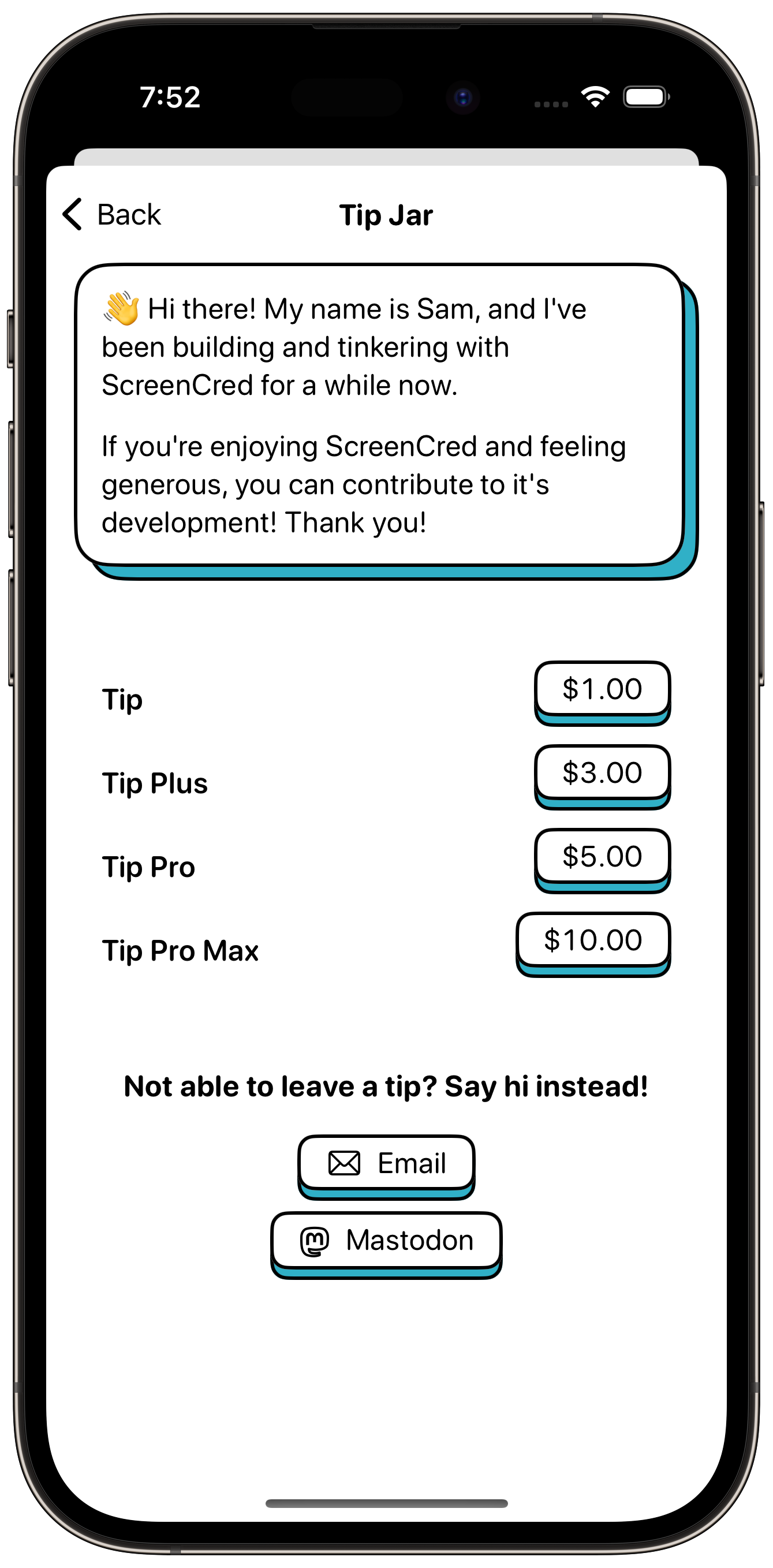 Screenshot of ScreenCred showing a tip jar view with 4 tip options. $1, $3, $5, and $10.