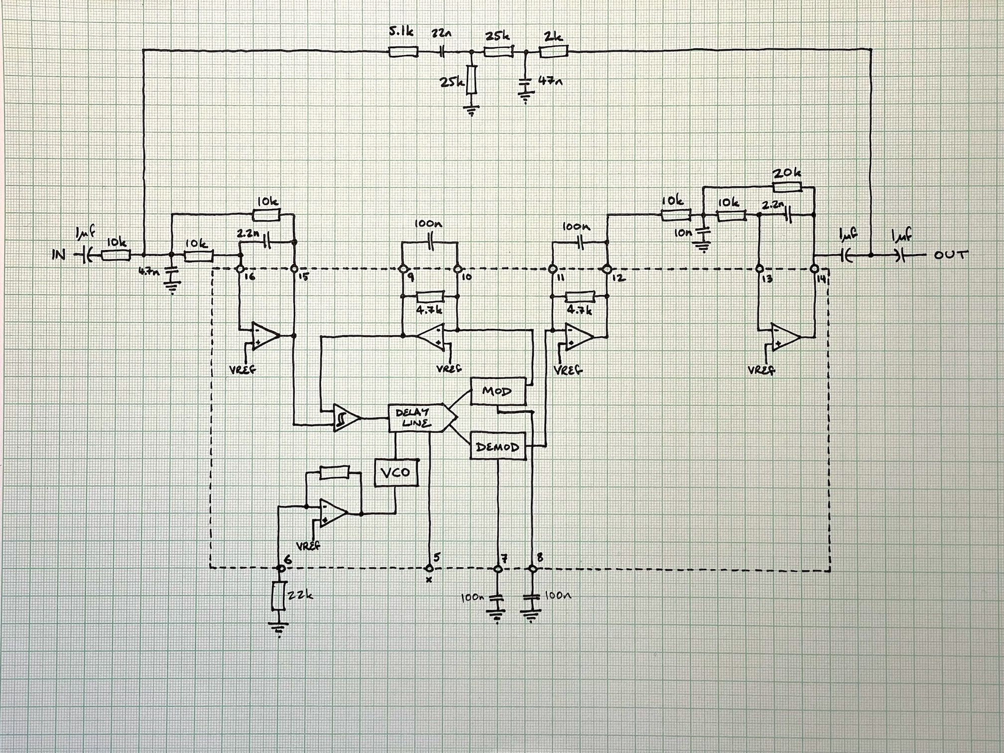 drawing of the PT2399 internal schematic and surrounding components