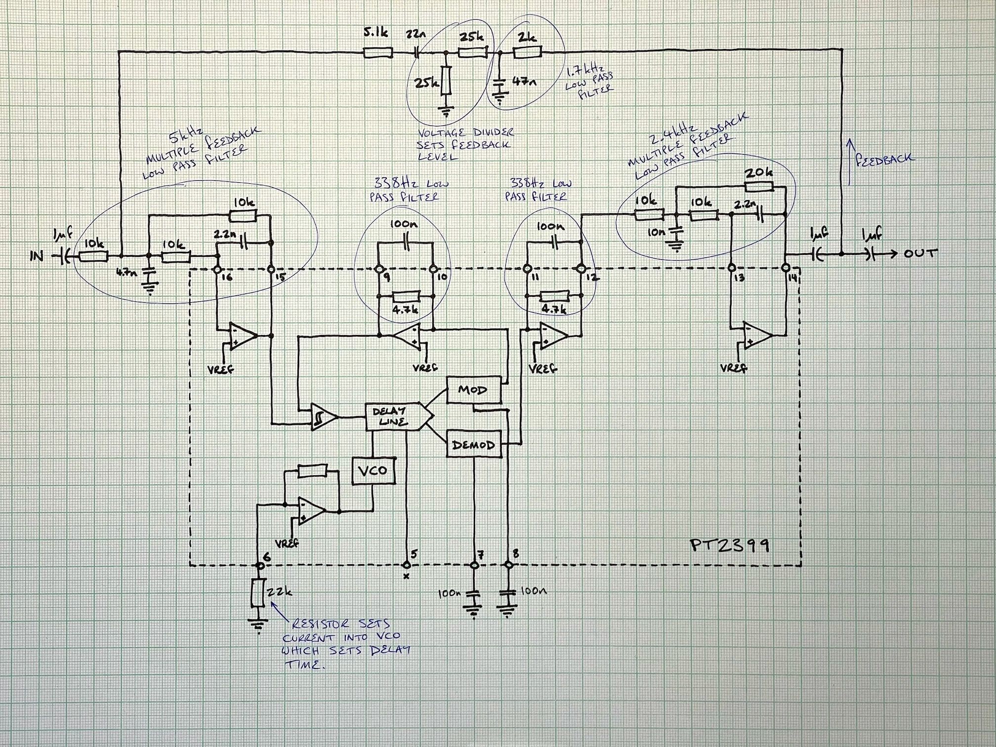 drawing of the PT2399 internal schematic and surrounding components with filters highlighted