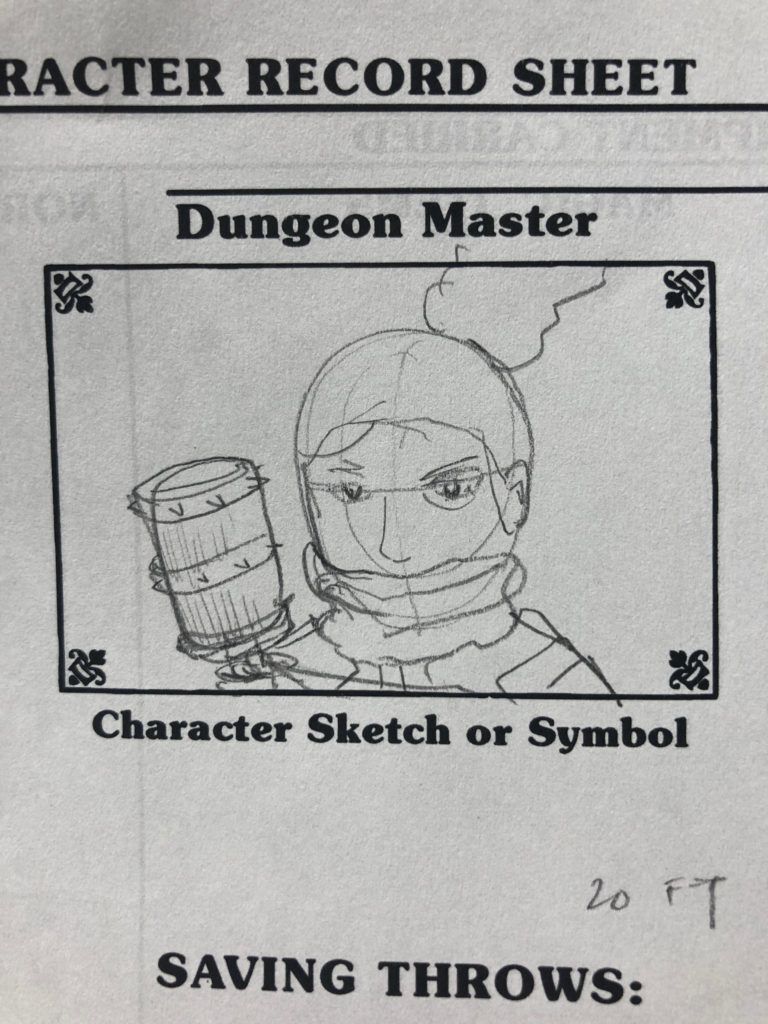Sketch of a character on a B/X Character sheet.