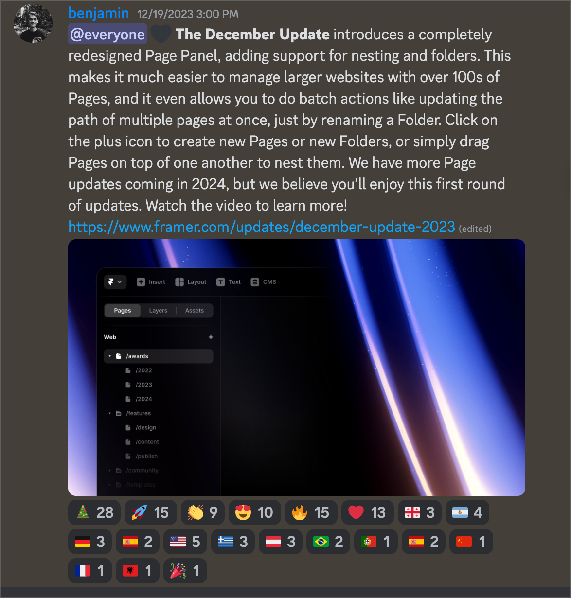 Framer keeps the feature updates visible through their highly active Discord community (Big fan of Benjamin’s community strategy BTW)