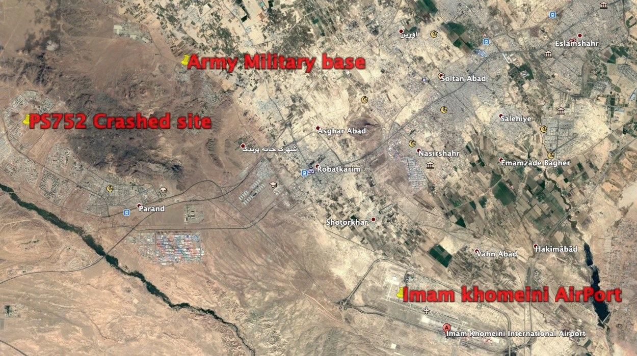 Карта з позначками - аеропорт, військова база, місце падіння Фото: Телеграм канал Nariman Gharib
