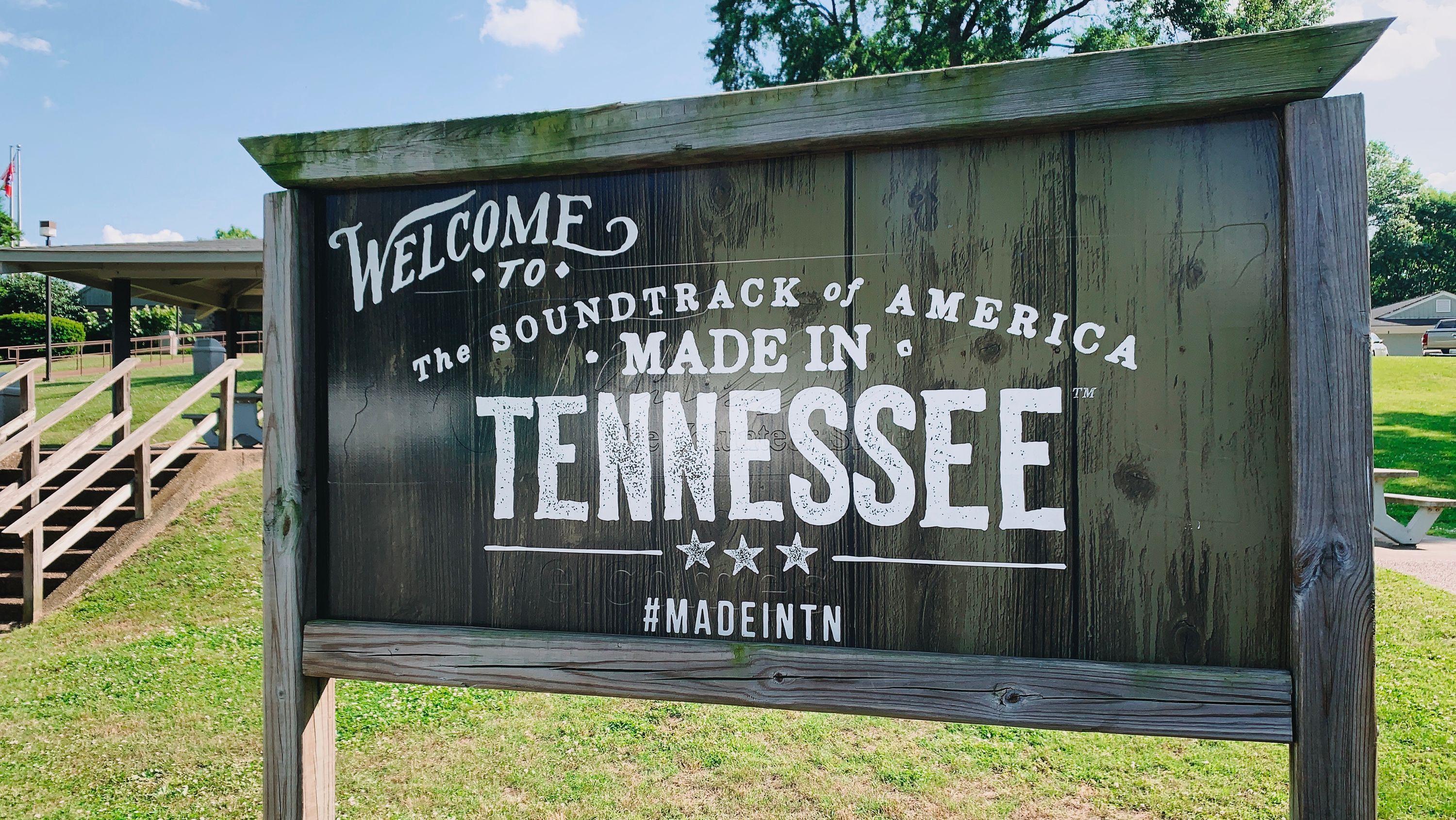 A Tennessee rest area sign advertising Tennessee as the birthplace of the Soundtrack to America