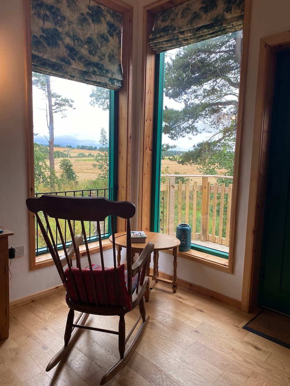 Standing behind a rocking chair overlooking the fields of Northumberland out of the window