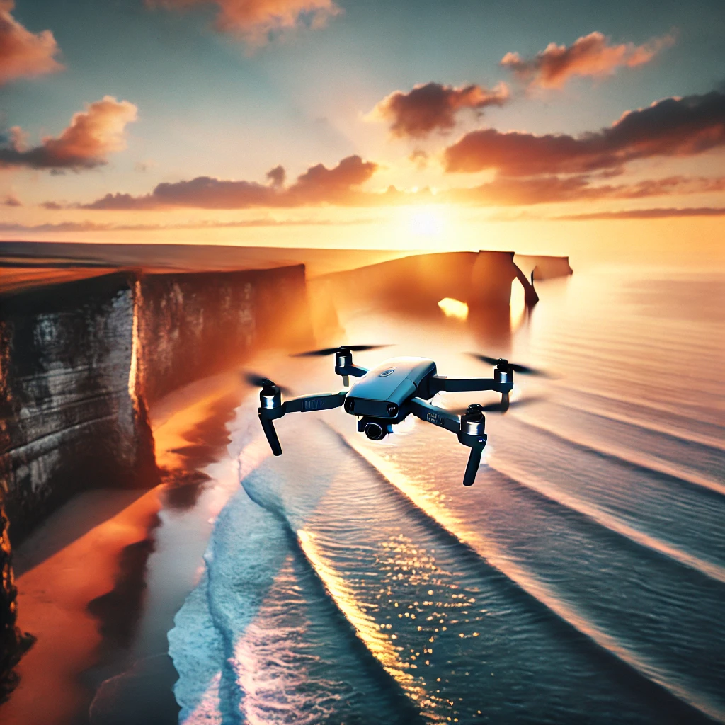 A drone flying over a beach Description automatically generated