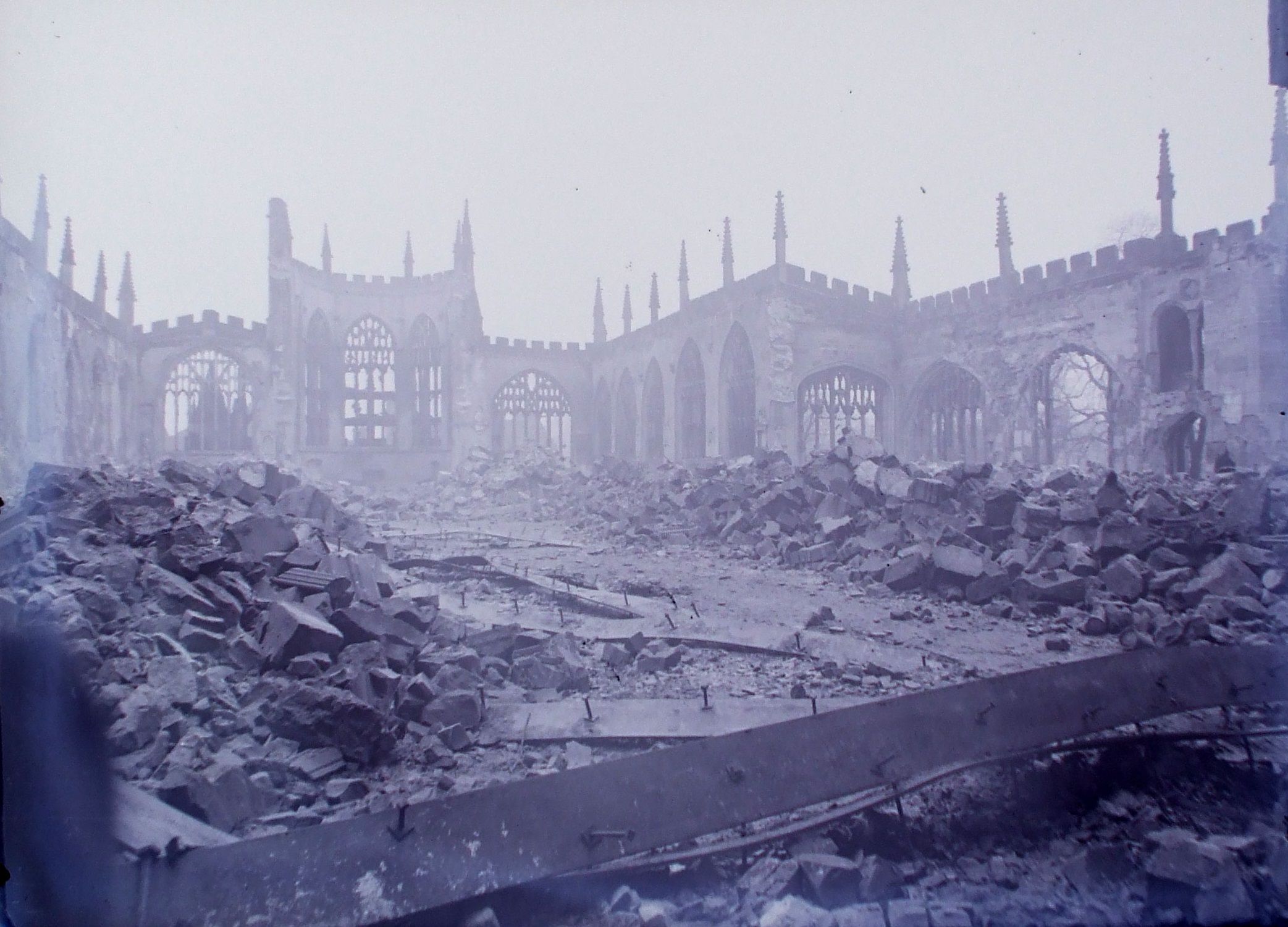 Coventry Cathedral in ruins. (Warwickshire County Record Office reference PH(N) 600/279/1)