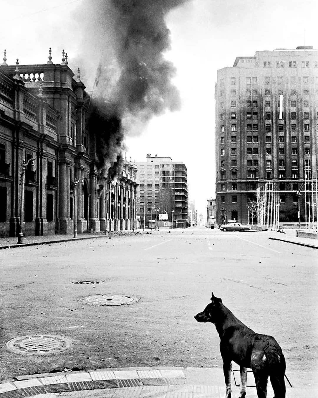 Smoke coming out of La Moneda, the Chilean presidential palace. Picture by Chas Gerretsen.